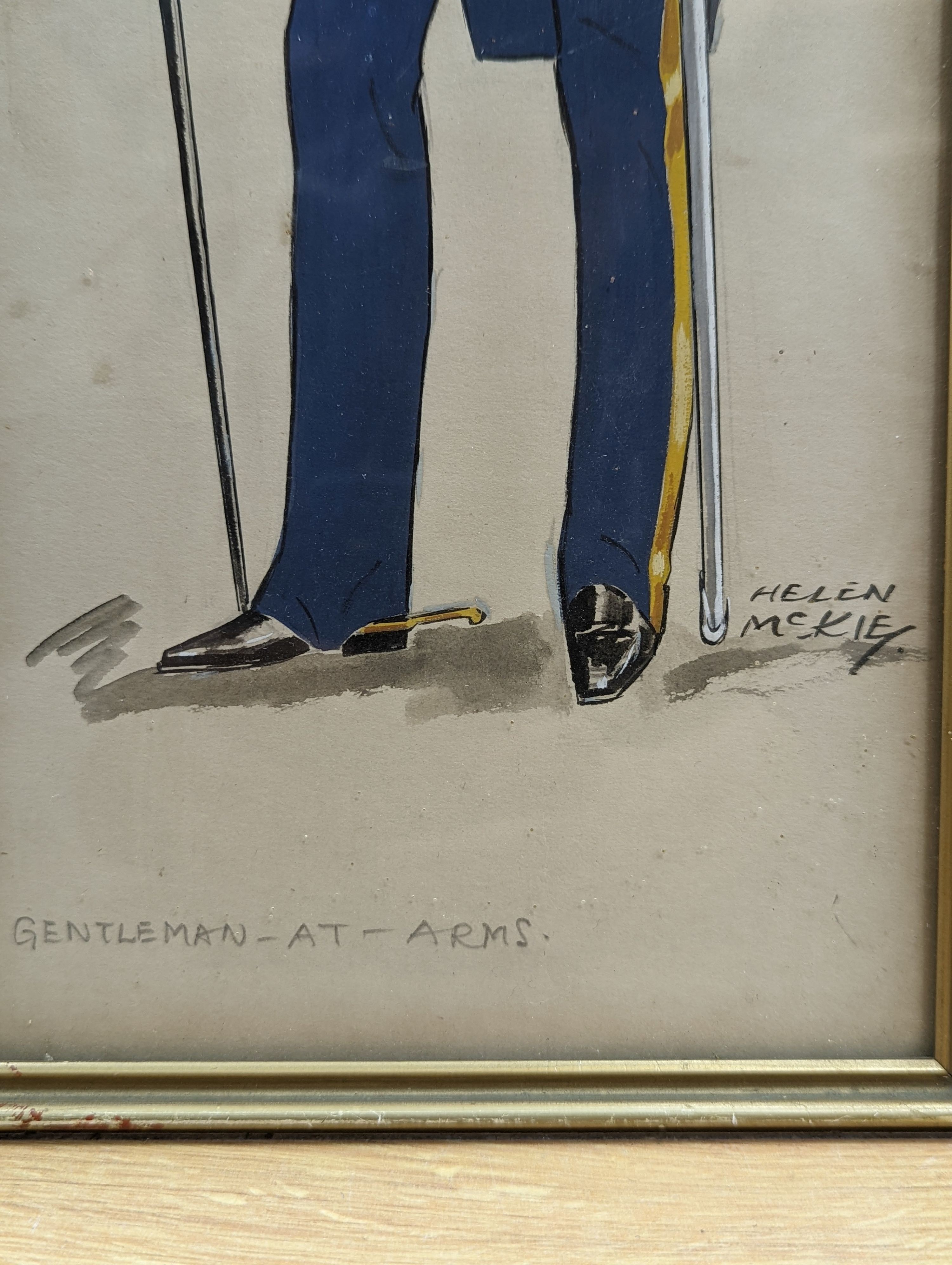 Helen McKie, three gouache and watercolour studies, Gentleman at arms, Queen's Page of Honour and Herald, signed, largest 47 x 26cm